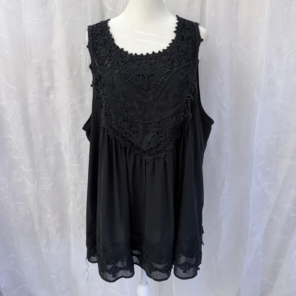 Entro Black Crochet Lace Yoke Sleeveless Top Blouse T6714P Plus Size 2X NWT